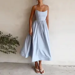 Women's Solid Colour Printing Fresh Sweet Sexy Suspender Dress - Blue - View 1
