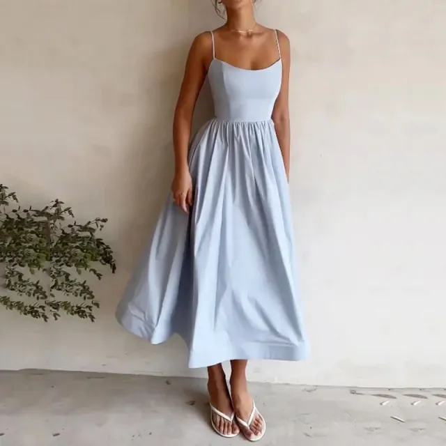 Women's Solid Color Printing Fresh Sweet Sexy Suspender Dress Blue - Shop at LoveMi