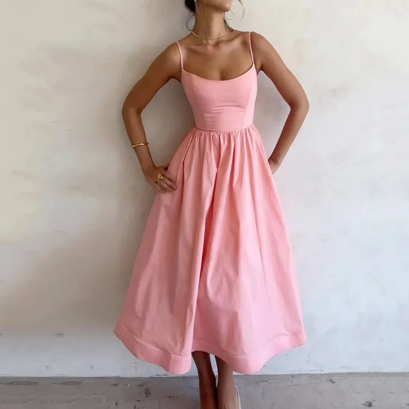 Women's Solid Color Printing Fresh Sweet Sexy Suspender Dress - Pink