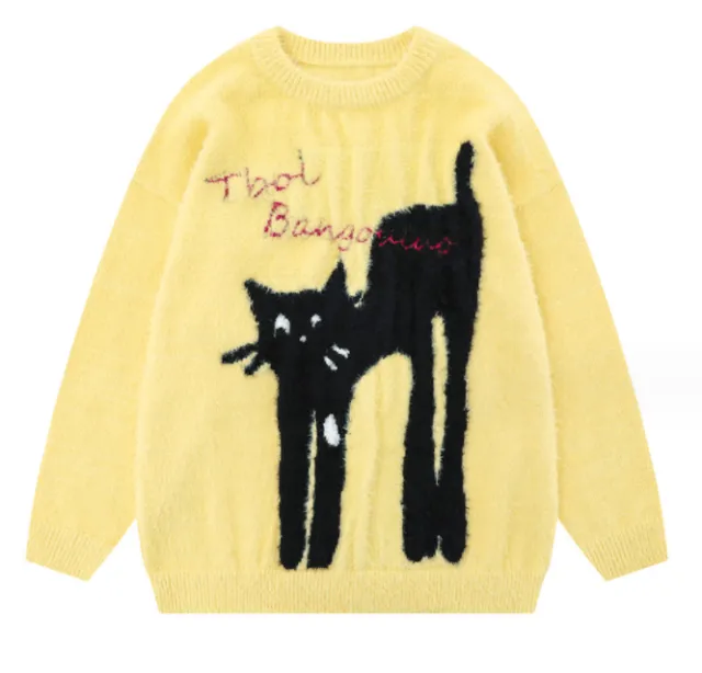 Loose Casual Embroidered Knit Sweater Yellow - Shop at LoveMi