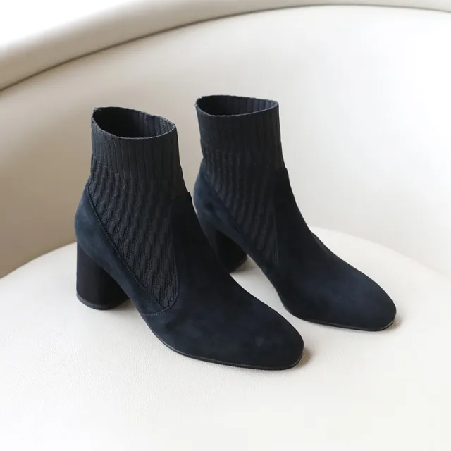 Apricot Stitching Knitted Sock Chunky Heel Ankle Boots Apricot - Shop at LoveMi