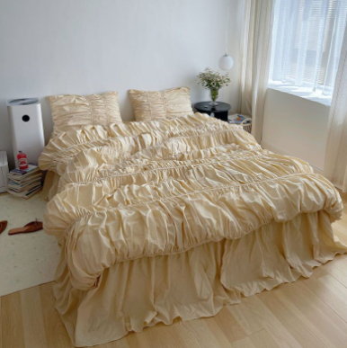 Color: Yellow, Bedding Size: 1.5M Fitted Sheet - Handmade Bubble Pleated Cotton Four-piece Cotton Set