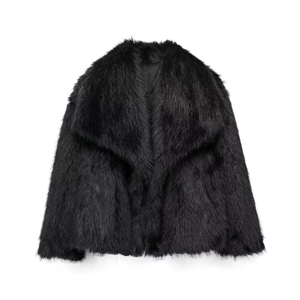 Women's Lapel Long Sleeve Faux Fur Snap Cardigan Loose Short Coat - Black