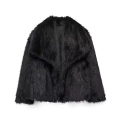 Women's Lapel Long Sleeve Faux Fur Snap Cardigan Loose Short Coat - Black - View 1