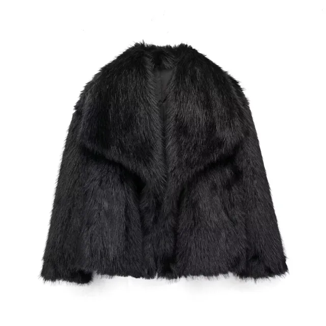 Women's Lapel Long Sleeve Faux Fur Snap Cardigan Loose Short Coat Black - Shop at LoveMi
