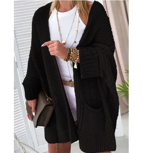Solid Color Loose Knit Sweater Cardigan - Black