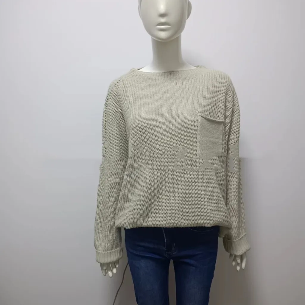 European And American Solid Color Pocket Pullover Sweater - Apricot