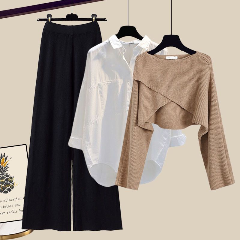 3pcs Knitted Sweater Suit With Shirt And Wide Leg Pants Autumn And Winter Suit W - Picture 12 of 16