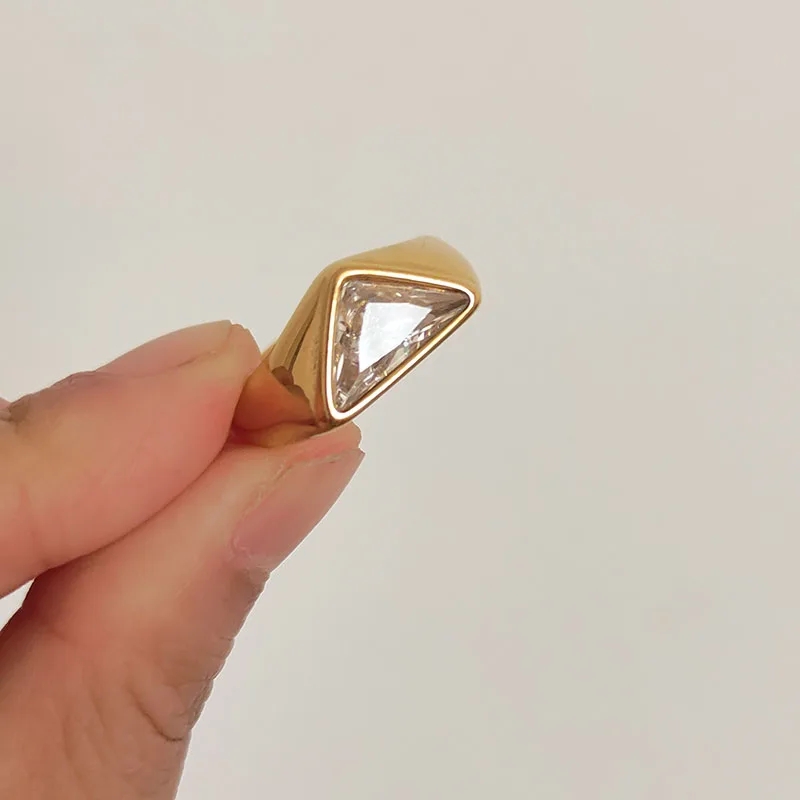 Triangle Zircon Ring Titanium Steel Plated 18K Gold