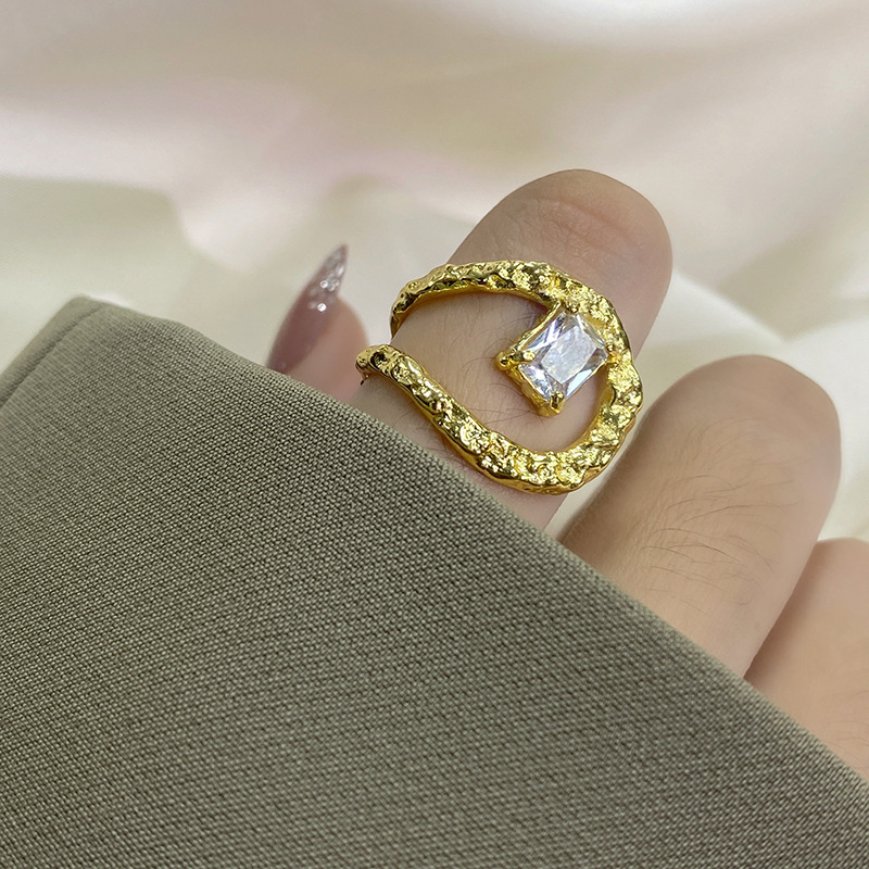 Light Luxury And Simplicity Cold Wind Inlaid Rectangular Open-end Zircon Ring