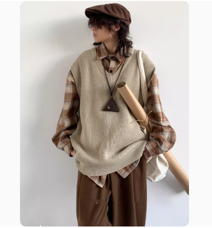 Winter Solid Color Retro V-neck Knitted Vest Sleeveless Sweater