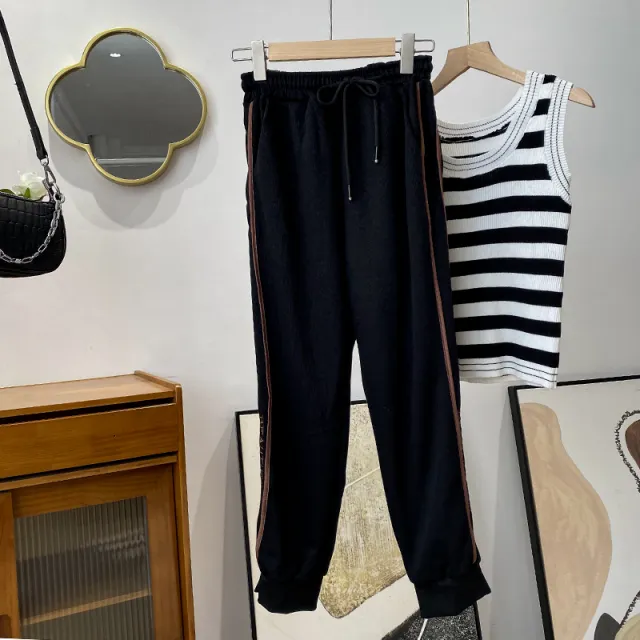 Women's Gray Letter Elastic waisted Straight leg Pants Black - Shop at LoveMi