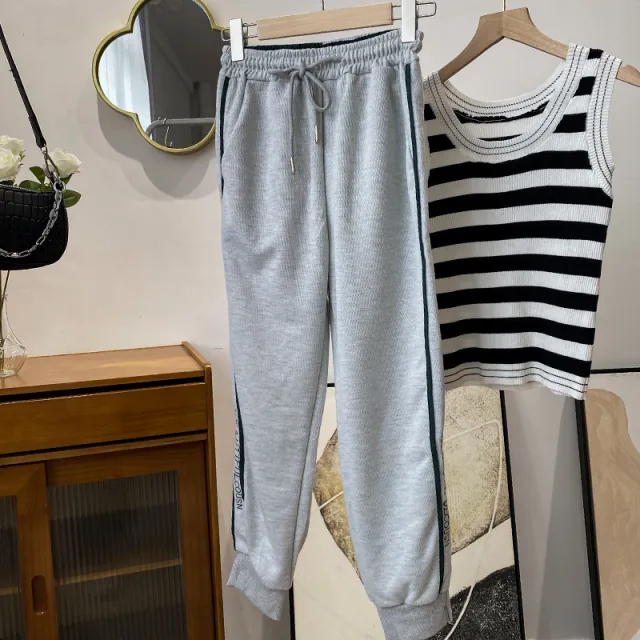 Women's Gray Letter Elastic waisted Straight leg Pants Light Grey - Shop at LoveMi