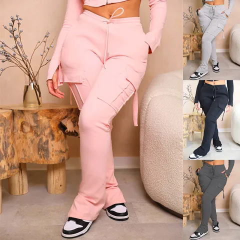 Cargo Pants with Pockets High Waist Drawstring Wide Leg