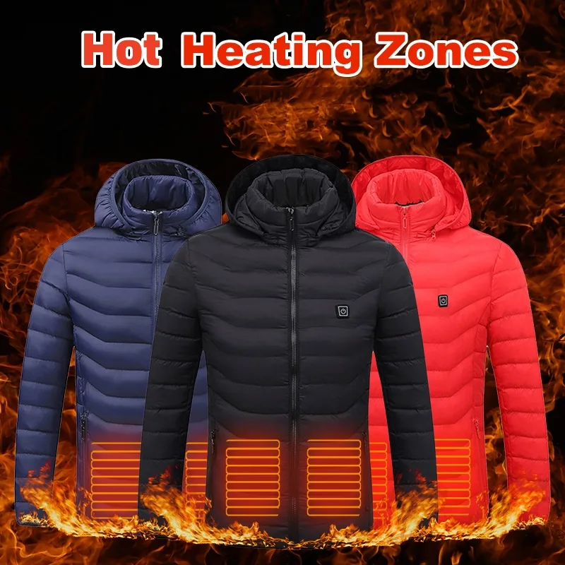 Men Heated Puffer Jacket Electric Heating Coat Insulated Hood