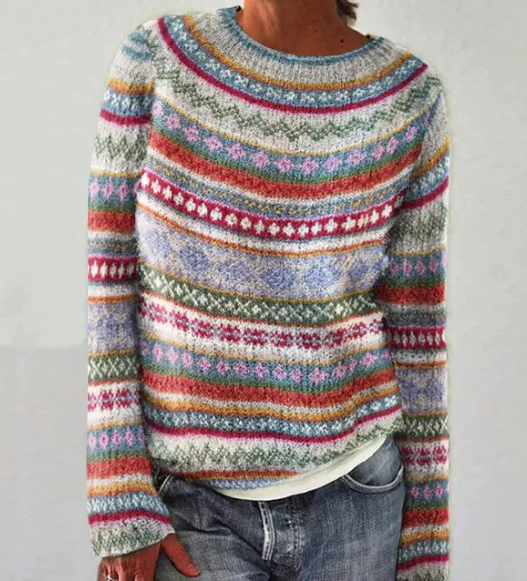 Round Neck Color Matching Loose And Fashionable Pullover Sweater - Blue