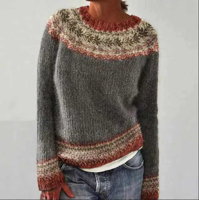 Round Neck Color Matching Loose And Fashionable Pullover Sweater - Dark Grey