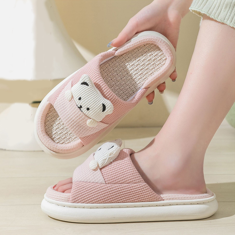 Cute Cartoon Bear Slippers Spring And Autumn Fashion Thick-soled  Mute Linen Slipper Women's House Shoes - Image 9