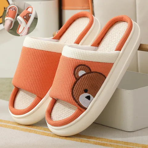 Cute Cartoon Bear Linen Slippers for Women Indoor Non-slip