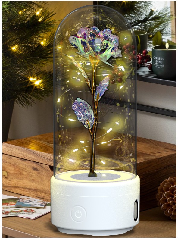 Creative 2 In 1 Rose Flowers LED Light And Bluetooth Speaker Valentine's Day Gift Rose Luminous Night Light Ornament In Glass Cover