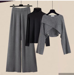 3pcs Knitted Sweater Suit With Shirt And Wide Leg Pants Autumn And Winter Suit W - Picture 15 of 16
