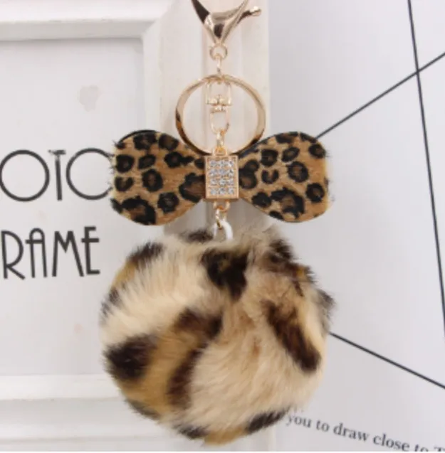 Leopard Bow Fur Ball Schoolbag Pendant Key Chain Leopard Print - Shop at LoveMi