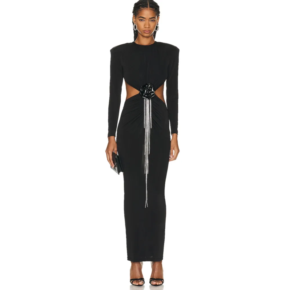 Sexy Backless Black Long Sleeve Hollow Flower Tassel Decoration