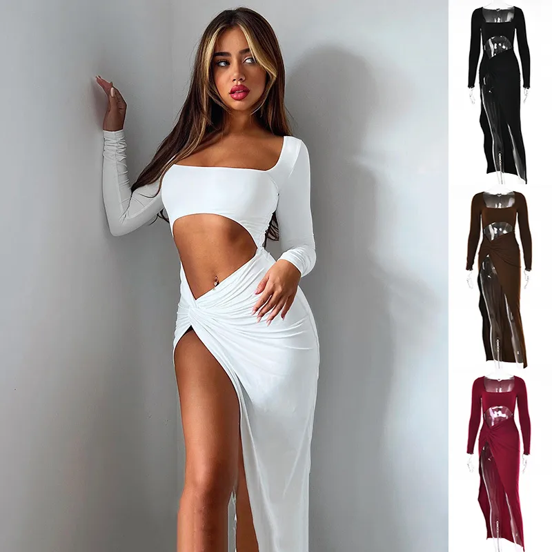Womens Clothing Long Sleeve Dress Fashion Hollow U-neck Split