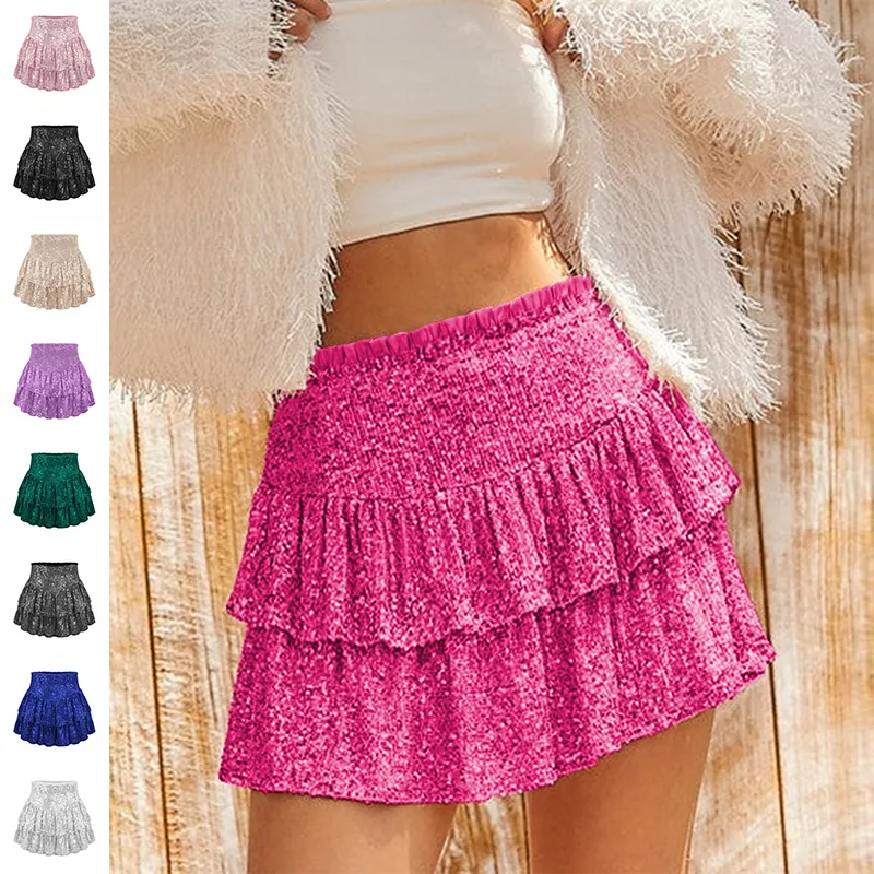 High Waist Sequined Pleated Skirt Women's Clothing Hot Girl
