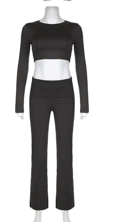 Solid Color Letter Zhang Zi Round Neck Long Sleeve Short Top Yoga Two-piece Set - Black01