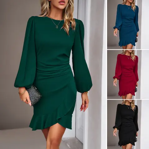 Women's Puff Long Sleeve Dresses Fashion Graceful Solid Color