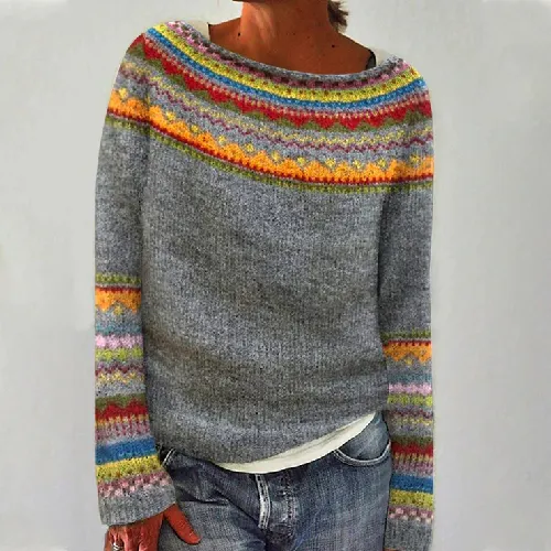 Women's Fashion Round Neck Multicolor Loose Leisure Pullover Knitwear Sweater - Yellow