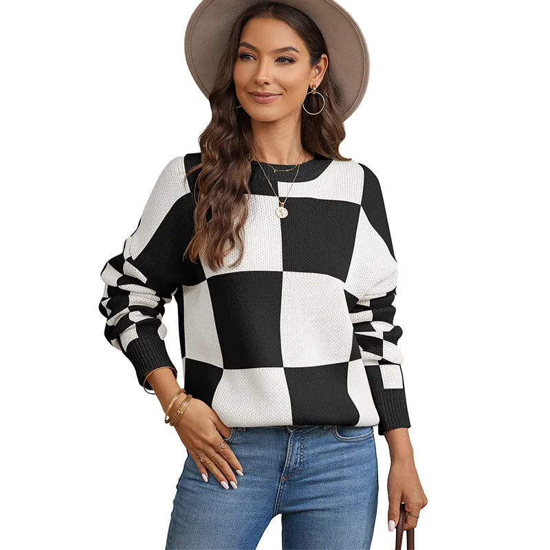 Thickened Pullover Women European And American Leisure Plaid Block Stitching Long Sleeve Sweater Women - Black