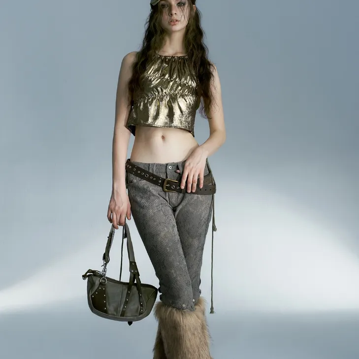 Fur Patchwork Spice Pants Capri Pants - Blue