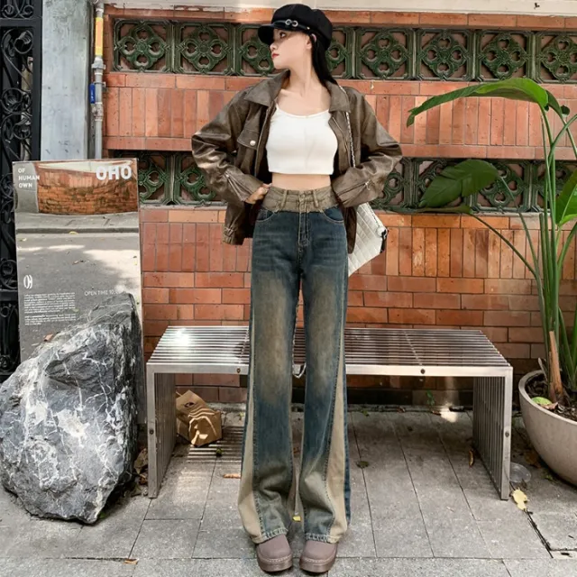 Patchwork Retro Contrast Color Flared Jeans Vintage Blue - Shop at LoveMi
