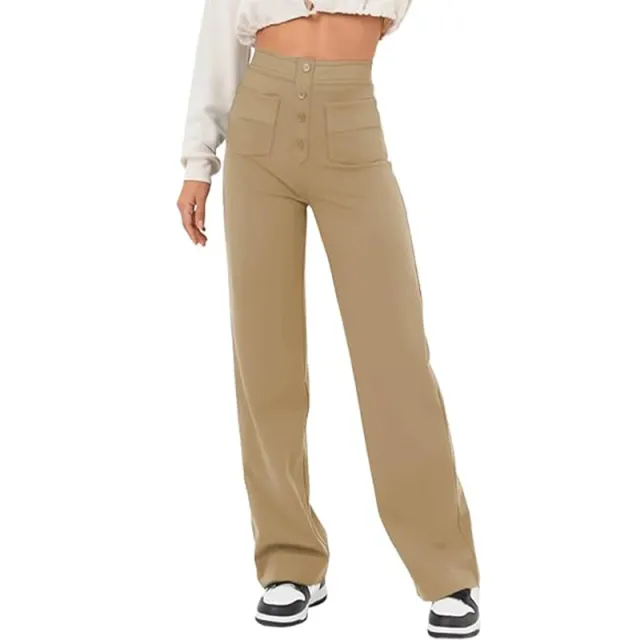 High Waist Trousers With Pockets Casual Loose Wide Leg Button Straight Pants Women's Clothing Camel - Shop at LoveMi