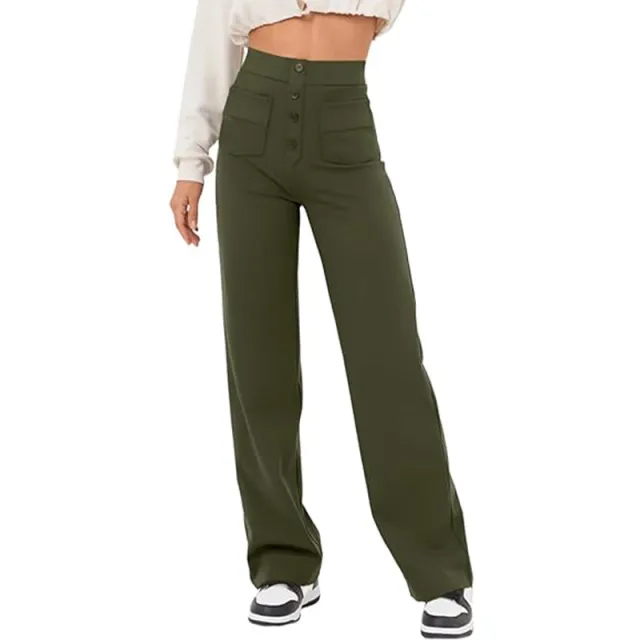 High Waist Trousers With Pockets Casual Loose Wide Leg Button Straight Pants Women's Clothing Army Green - Shop at LoveMi