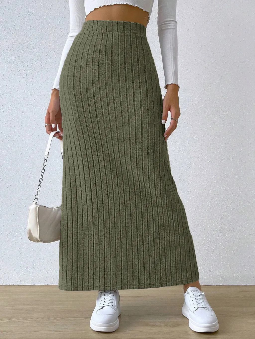 Spring Long Skirt High Waist Side Slit Slim Fit Knitted Women's Dress - Army Green