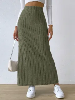 Spring Long Skirt High Waist Side Slit Slim Fit Knitted Women's Dress - Army Green - View 1