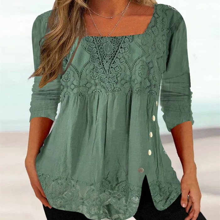 Half-sleeved And Waisted Casual Lace Stitching T-shirt Top