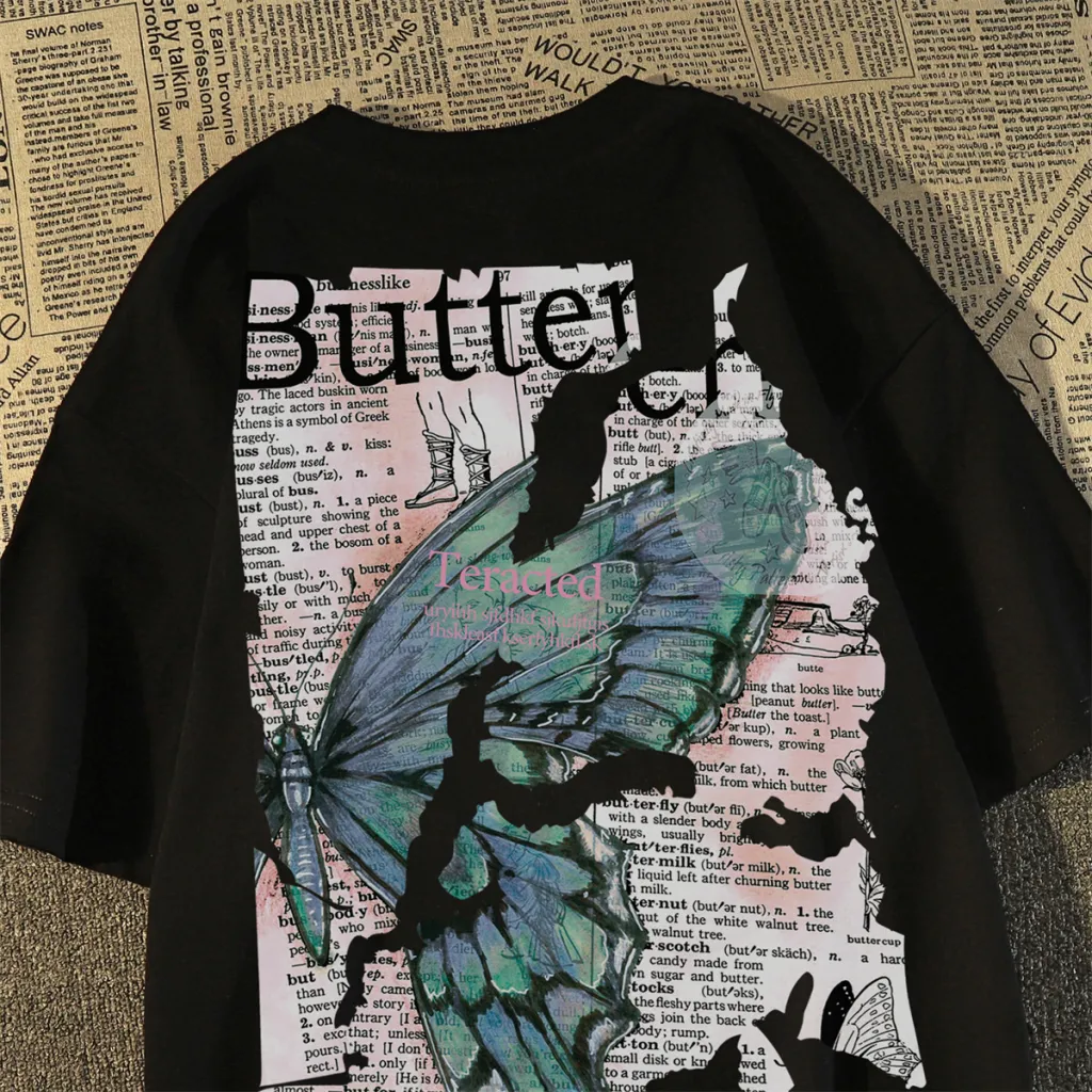 Washed And Worn Abstract Printing Short Sleeve T-shirt - Black