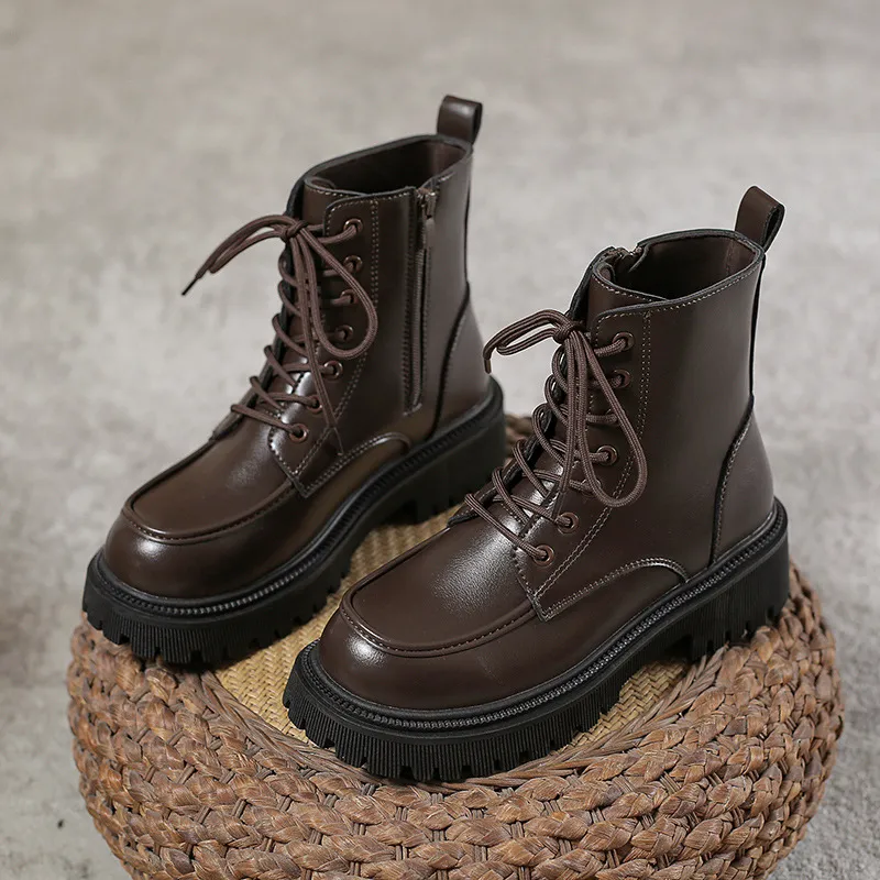 Autumn And Winter Solid Color Martin Boots For Women Fashion British Style Lace-up Short Round Toe Knight Boots - Brown