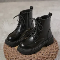 Autumn And Winter Solid Color Martin Boots For Women Fashion British Style Lace-up Short Round Toe Knight Boots - Black - View 1