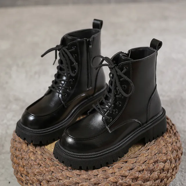 Autumn And Winter Solid Color Martin Boots For Women Fashion British Style Lace up Short Round Toe Knight Boots Black - Shop at LoveMi