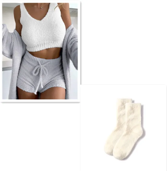 Thermal Three piece Fluff Coat Spaghetti Strap Short Top Shorts Suit Gray Set - Shop at LoveMi