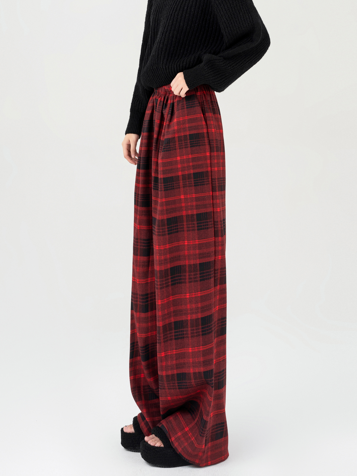 Retro Hong Kong Style Red Plaid Straight Casual Pants