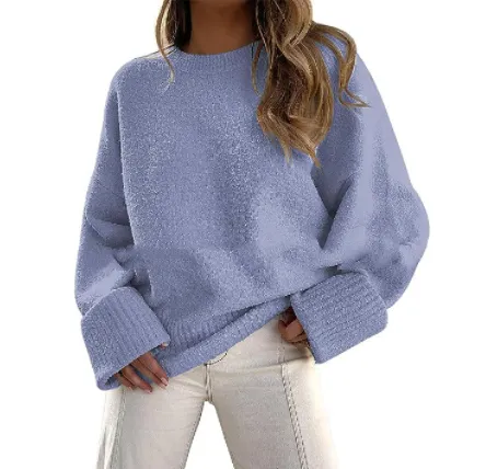 Women's Fashion Casual Round Neck Long Sleeve Plush Sweater Top Royal Blue - Shop at LoveMi