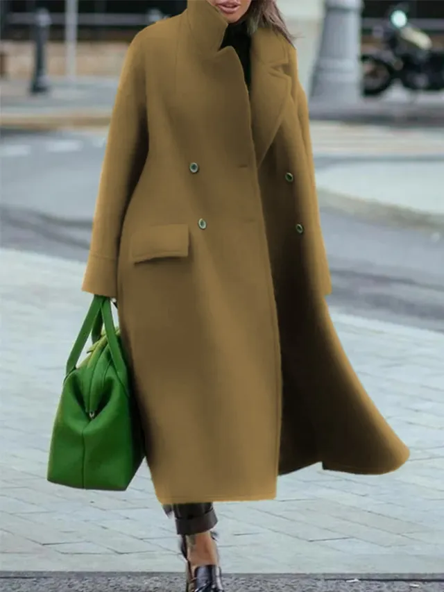 Long Woolen Coat Solid Color Temperament Commuting Khaki - Shop at LoveMi