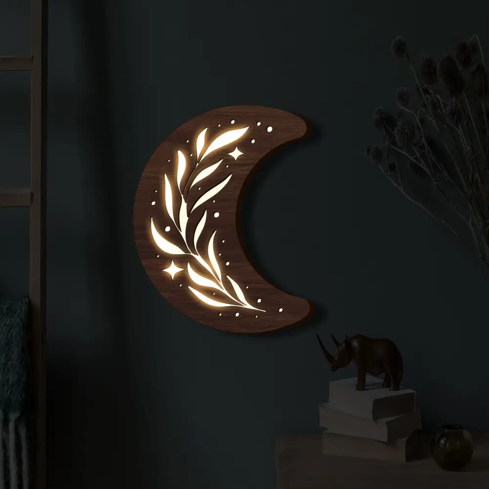 Bohemian Style Three-dimensional Wooden Leaf Crescent Lamp Pendant