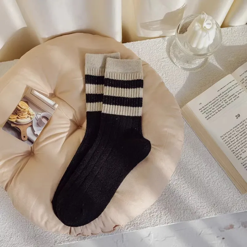 Striped All-matching Thick Warm Middle-long Stockings - Black